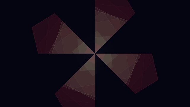 Geometric shapes create a symmetrical abstract design with layered squares and triangles in dark tones.