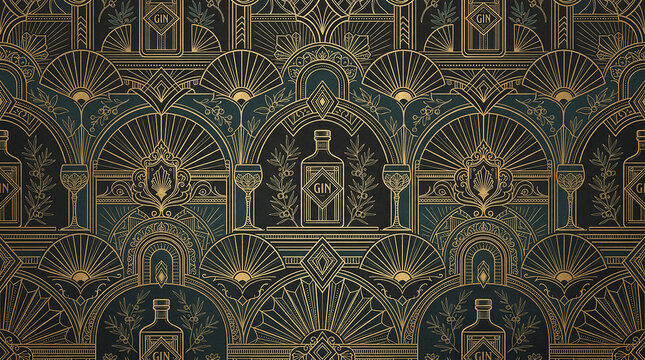 Art deco seamless pattern with golden gin bottles and botanical illustrations on dark background.