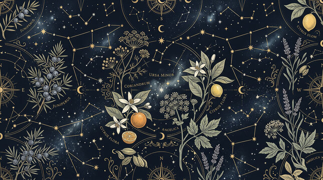 Botanical and celestial pattern with stars constellations and cocktail ingredients.