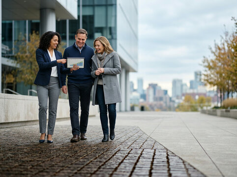 Three business professionals reviewing chart outdoors