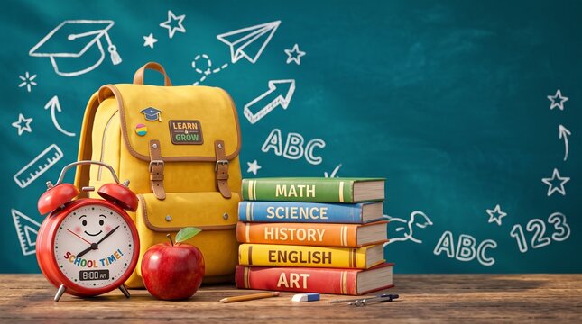 Yellow school backpack rests near stack of colorful subject books and smiling alarm clock for primary education ads and teaching resources.