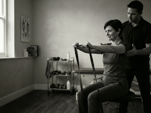 Physical therapist assisting woman with resistance band shoulder exercise