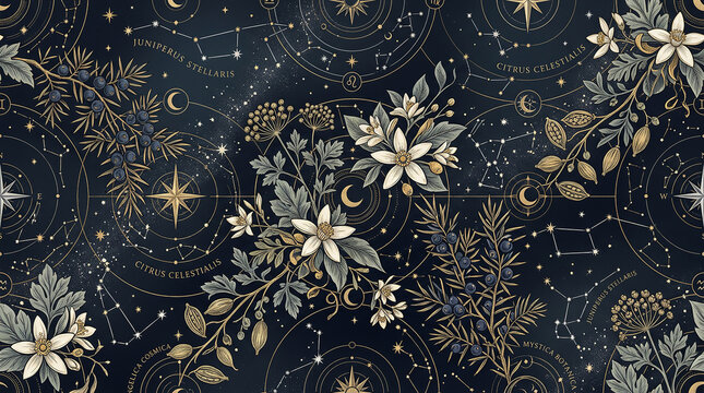 Celestial floral pattern with vintage star constellations and botanical elements.
