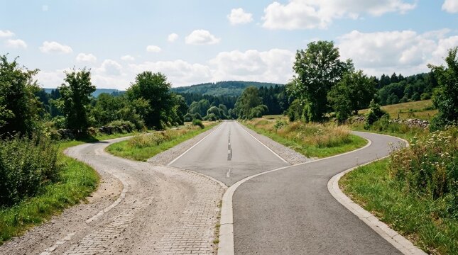 Asphalt road splitting into two separate paths in a rural countryside