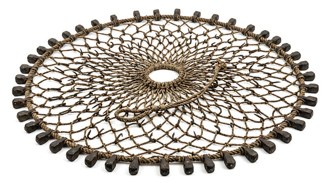 Handmade Circular Brown Rope Fishing Net Isolated on a Clean White Background