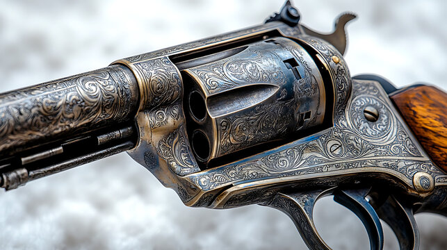 Close-up of the cylinder and loading gate of a vintage single-action revolver against a bright white background, illuminated by focused professional studio lighting, showcasing its mechanical 