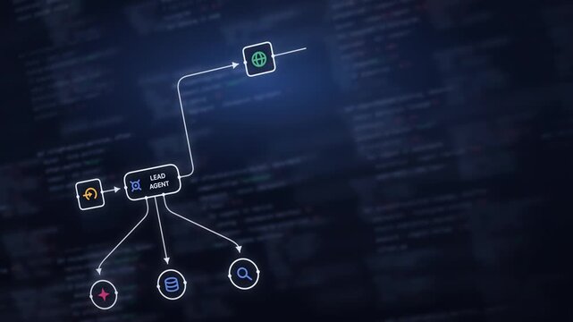 Dynamic AI Agent Workflow Visualization Featuring Indigos and Soft Glows with Code Elements and Interactive Icons for Multi-Agent Research