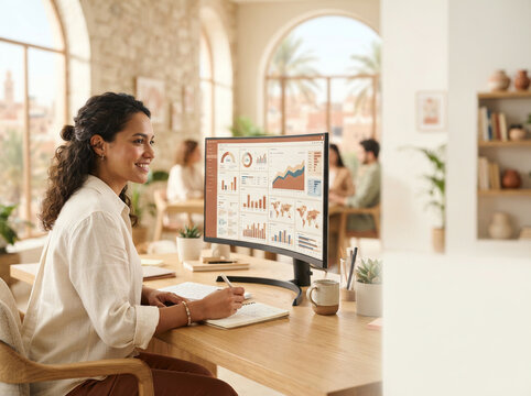 Woman looking at graphs on a curved monitor in a bright open plan office