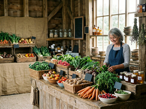 Elderly woman in an apron behind a farm shop counter of vegetables and jars