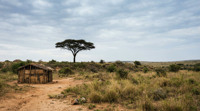 Simple stick and thatch hut beside an acacia tree on dry african grassland