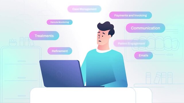 Illustrated office worker at desk with laptop surrounded by floating task bubbles representing multitasking and workload management