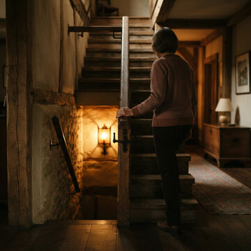 Older woman holding a handrail at the top of dark cottage stairs at night