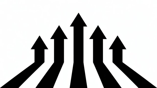Five Black Arrows Converging and Pointing Upward on White Background - Growth, Progress, Success and Business Strategy Concept
