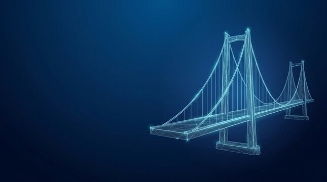Futuristic digital wireframe suspension bridge model on dark blue technology background 3d rendering