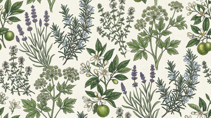 Fototapeta premium English botanical garden seamless pattern with herbs and plants, vintage illustration.