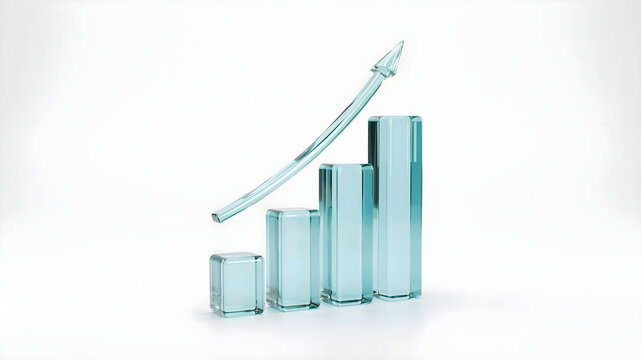 Glass bar chart with an upward trending arrow isolated on white background