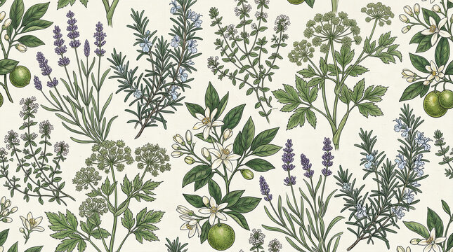 English botanical garden seamless pattern with herbs and plants, vintage illustration.