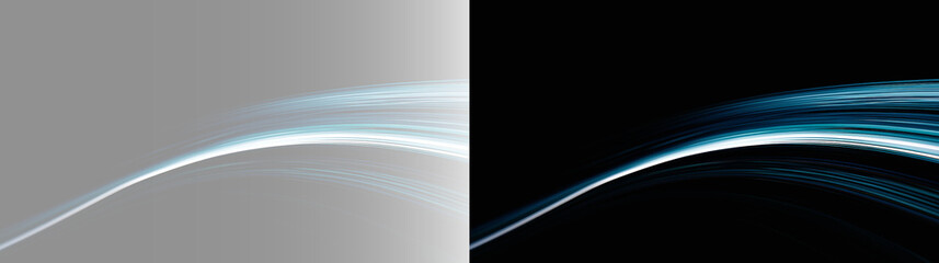 Abstract glowing blue orbital arc on transparent grey black background, futuristic light streak overlay. Minimalist dark cyan ring backdrop, modern space science presentation slide design PNG © Aura Canvas