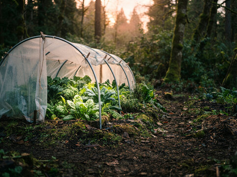 Small arched hoop house of leafy greens in a densely wooded garden area