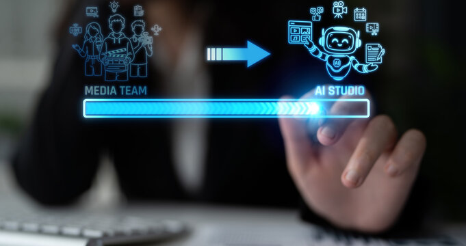 Transition from Media Team to AI Studio with Futuristic Digital Interface Illustrating Technological Collaboration. Liminal.