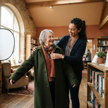 Younger woman helping an elderly woman put on her coat inside a library