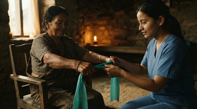 Care worker in blue uniform helping an elderly woman tie a scarf in a chair