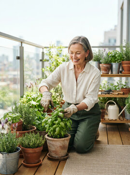 Woman in gardening gloves trimming herbs on a city apartment balcony
