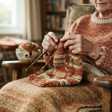 Elderly woman knitting a colourful textured piece with wooden knitting needles