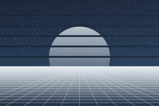 Retro synthwave sun grid landscape deep blue neon aesthetic background for digital art design.