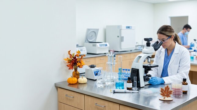 Modern medical laboratory clean countertops generic glassware microscopes subtle Halloween pumpkins warm seasonal accents bright clinical lighting organized workspace large copy space

