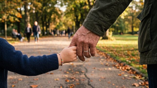 Grandfather holding a child's hand in a park in autumn