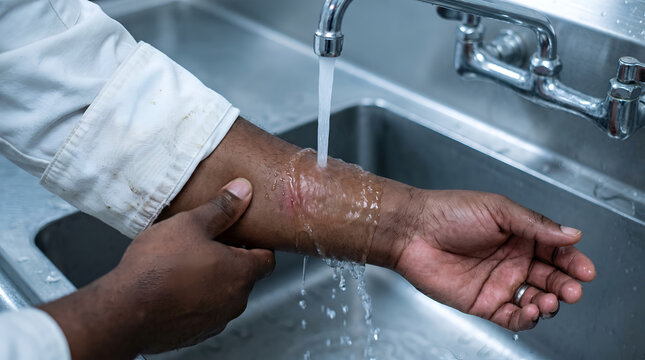 First aid for burn injury on dark skin under running tap water