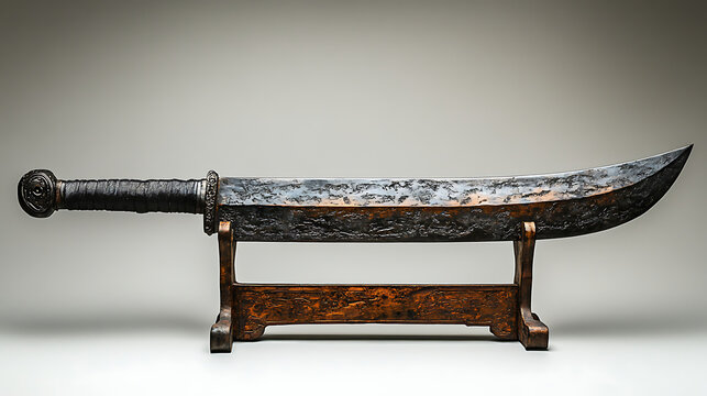 A well-preserved Chinese jian (double-edged straight sword), its balanced form sharply in focus against a bright white background under professional studio lighting 