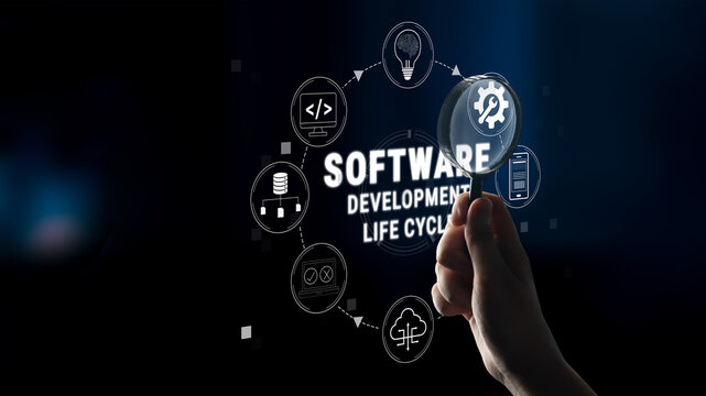 Detailed Illustration of Software Development Life Cycle with Icons Representing Key Stages in a Modern Digital Environment Quark.