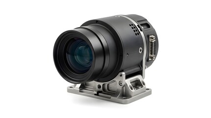 Fototapeta premium Detailed 3D render of a professional industrial machine-vision camera with large lens, mounted on metal base, isolated on white. Inspection, robotics, and automation concept.