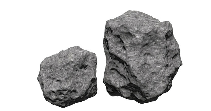 Two grey rough asteroid rocks or meteorites isolated on black background