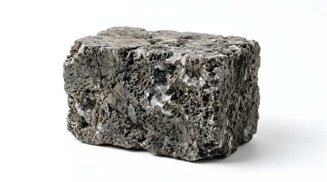 Close-up photo of a porous lava rock with rough texture and mineral crystals, isolated on white background. Natural stone sample for geology, texture, and volcanic material concepts.

