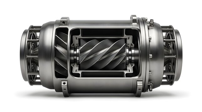 High-detail cutaway view of an industrial turbine or compressor unit showing internal helical rotor blades and metal housing, isolated on white background. Power and mechanical engineering concept.


