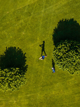 Aerial view of a golfer on a green course with a golf bag and trees casting long shadows in Baden-Wurttemberg, Germany.