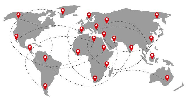 Animation of the world map with delivery points and routes. World map with travel routes and delivery of goods on all continents of the world. 4k