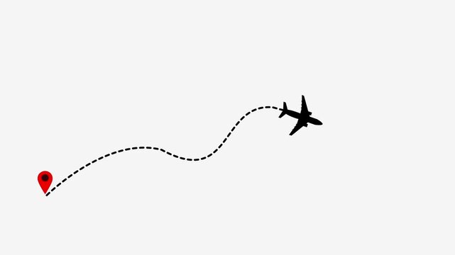 Animated airplane line path, airplane flight route with start points animation on transparent background. 4K