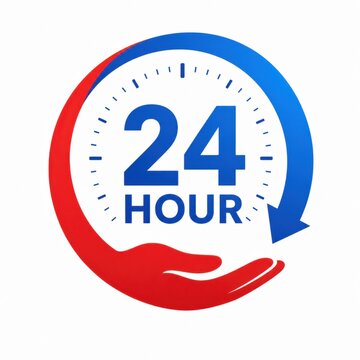 Twenty four hour service sign with circular arrow and hand icon isolated on white background.