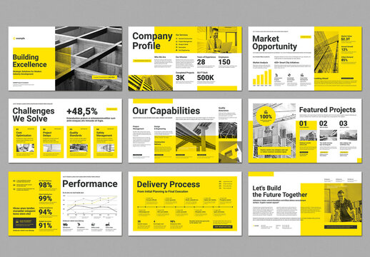 Pitch Deck Layout with Geometic Design for Construction Themed Project with Yellow Accents