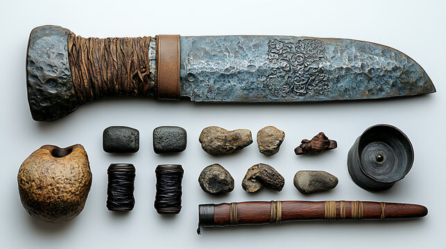 A visual representation of the materials and craftsmanship involved in creating traditional weapons against a white background under professional studio lighting 