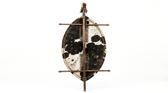 Traditional African Zulu Shield Made of Cowhide and Wood Isolated on White