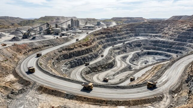 Large open pit mine with trucks on winding roads and processing plant