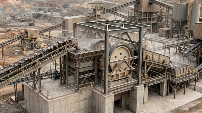 Industrial mining machinery crushing rock in a quarry operation