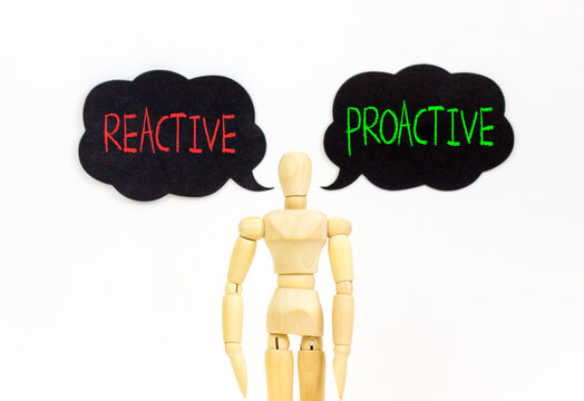 Proactive and reactive symbol. Concept word Proactive Reactive on beautiful speech bubbles. Beautiful white background. Businessman model. Business proactive and reactive concept. Copy space.