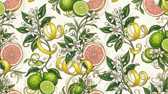 Vintage botanical fruit pattern with grapefruit and bergamot citrus.