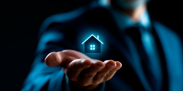 Businessman holding glowing digital house hologram over his extended hand for real estate concept